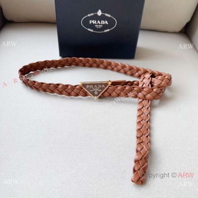 Replica Prada Womens Gold Triangle-buckle Braided Leather Belt 25mm